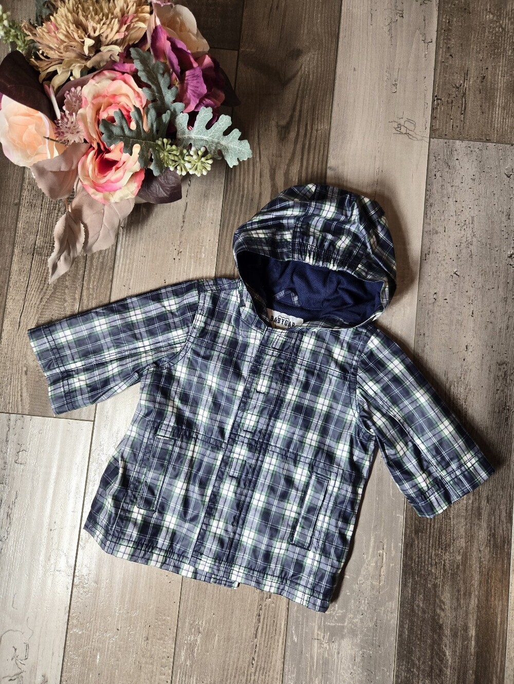 BabyGap Plaid Hooded Rain Jacket Blue Green – Infant 0–6 Months